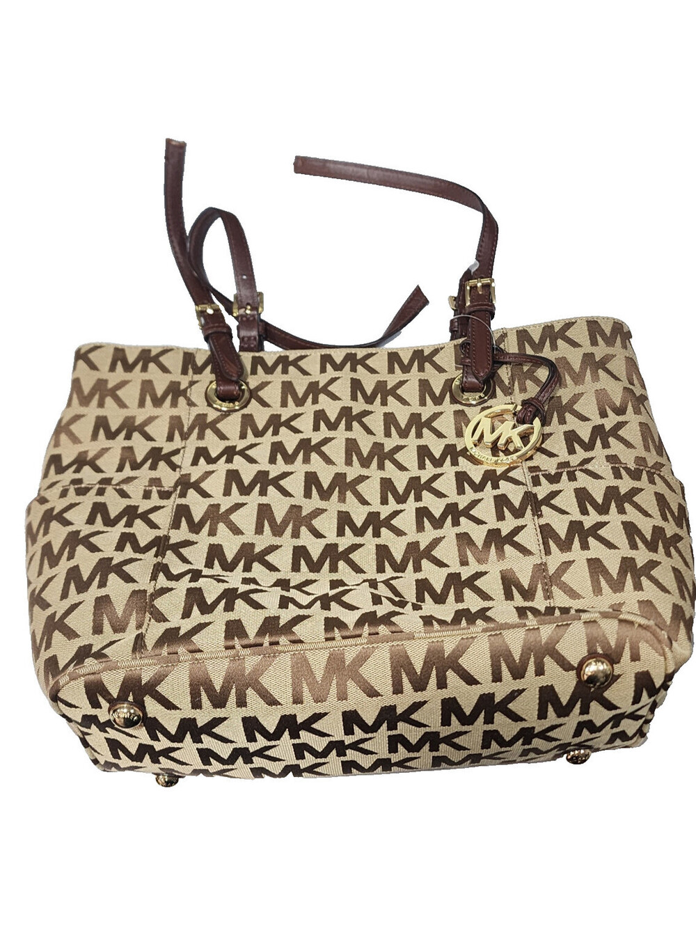 Michael Kors Jet Set Tote Canvas NWT Broken Strap Gold Logo Charm Large